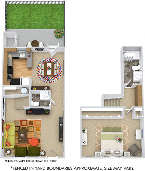 Floor plan for 1 bed, 1.5 baths, 961 sqft